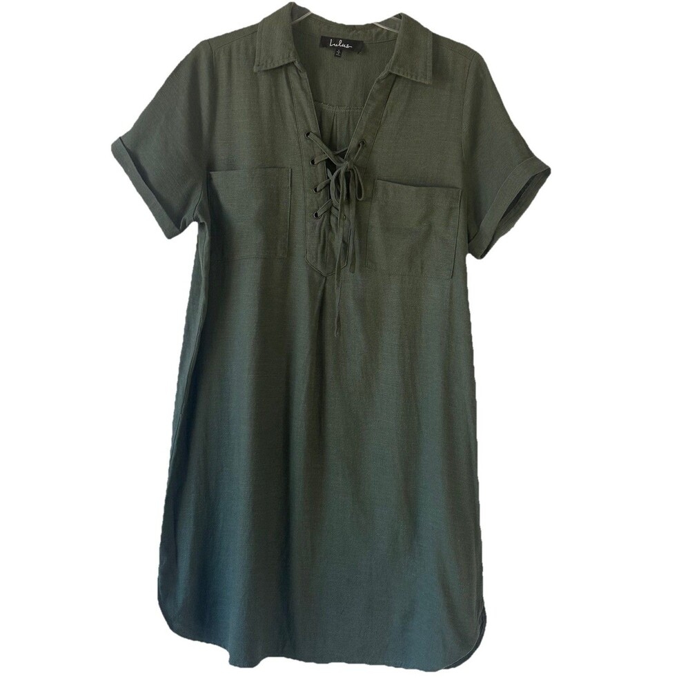 Lulu’s Olive Green Lace-Up Utility Mini Shirt Dress Short Sleeve Size Large
